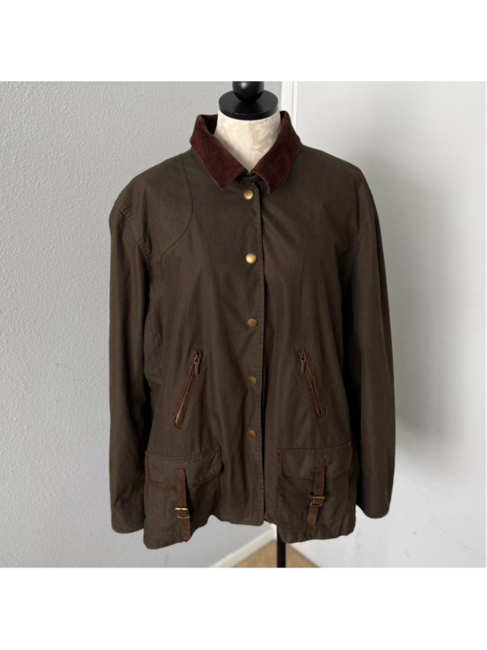 Vintage Y2K Lauren Ralph Lauren Brown corduroy collar barn coat w/ leather trim